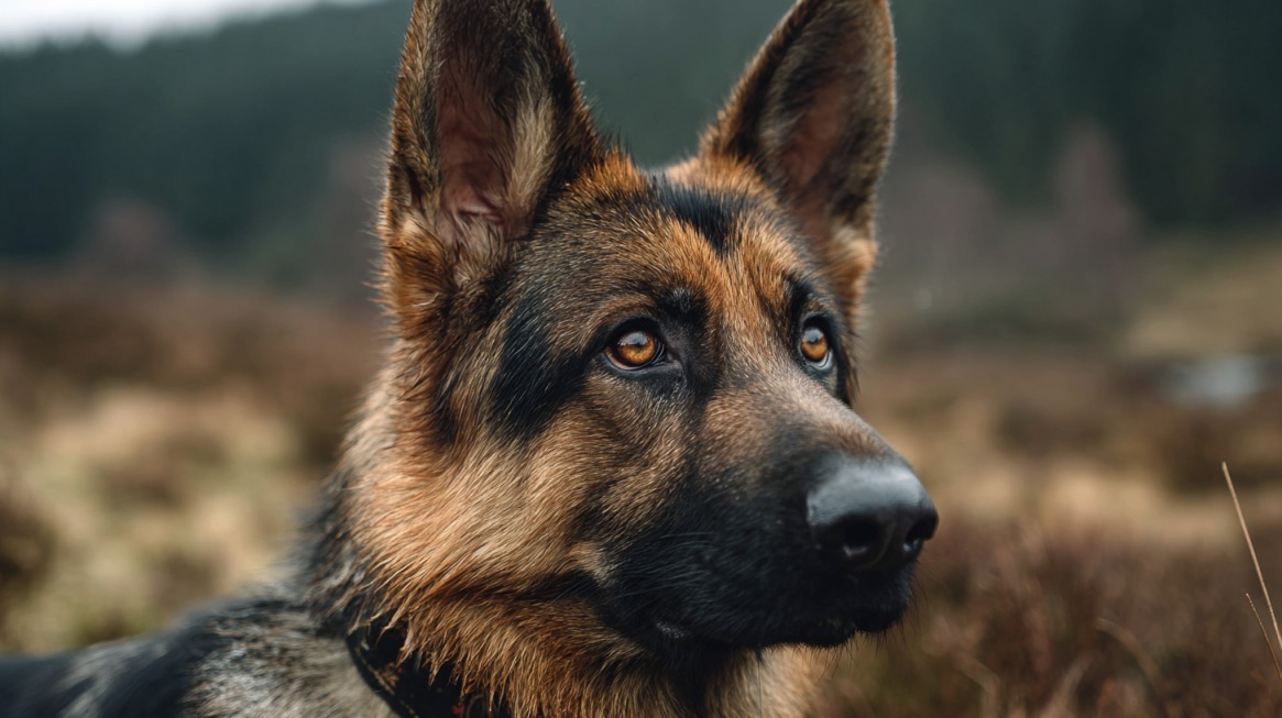 Nemački ovčar stoji na otvorenom prostoru i pažljivo gleda u daljinu, sa planinama u pozadini