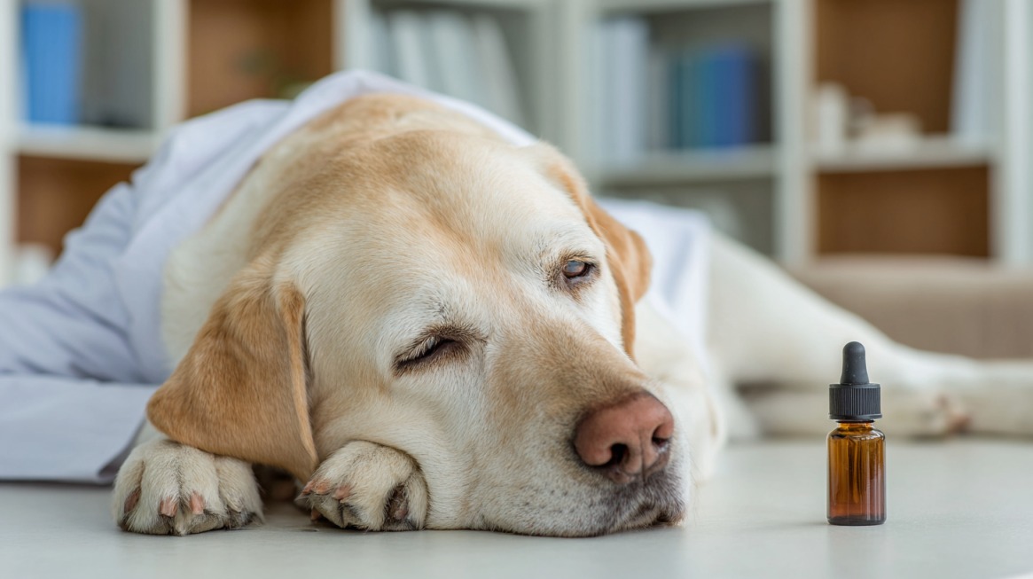 Stariji labrador leži pokraj bočice s lekom, delujući iscrpljeno ali mirno