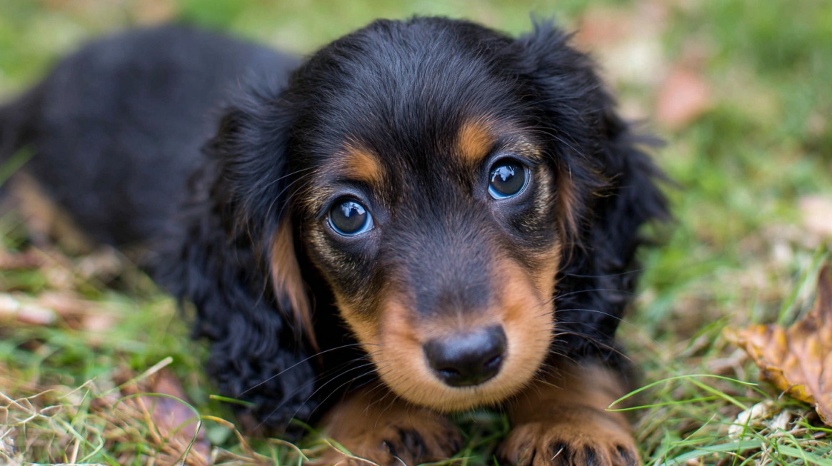 Mladi jazavičar sa crno-smeđim krznom leži na travi i gleda pravo u kameru