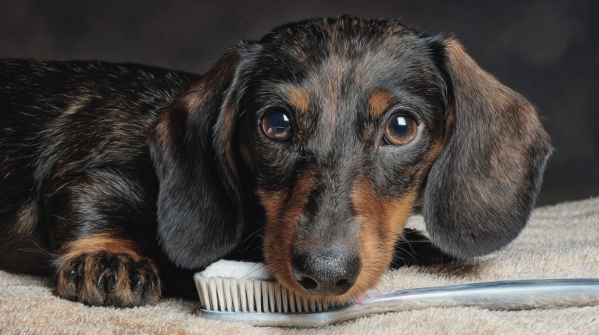 Jazavičar leži pored četke za negu krzna, gledajući direktno u kameru