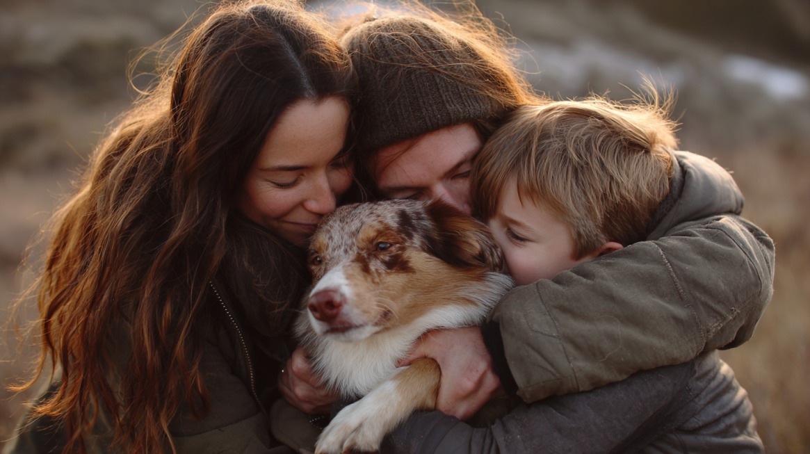 Dve odrasle osobe i dete u jaknama grle psa sa smeđim i belim šarama napolju, u toploj i emotivnoj sceni