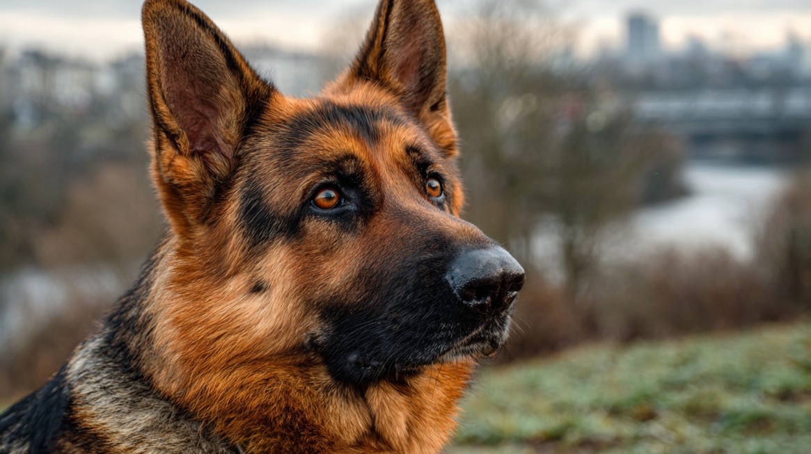 Nemački ovčar sa smeđe-crnim krznom stoji napolju i gleda pažljivo u daljinu