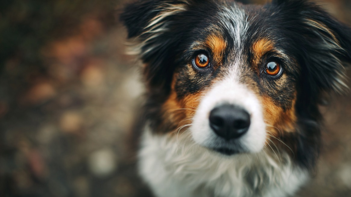 Pas sa trobojnom dlakom — crnom, belom i braon — gleda pravo u kameru krupnim, toplim očima