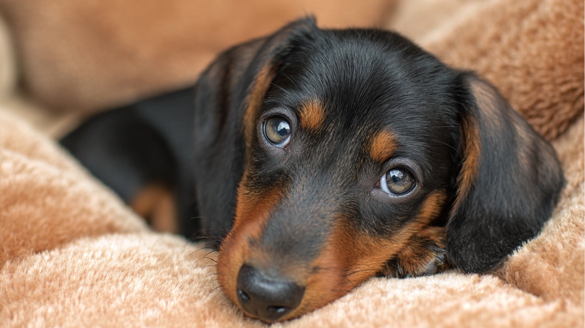 Jazavičar leži na mekom, bež pokrivaču i odmara, gledajući mirno u kameru
