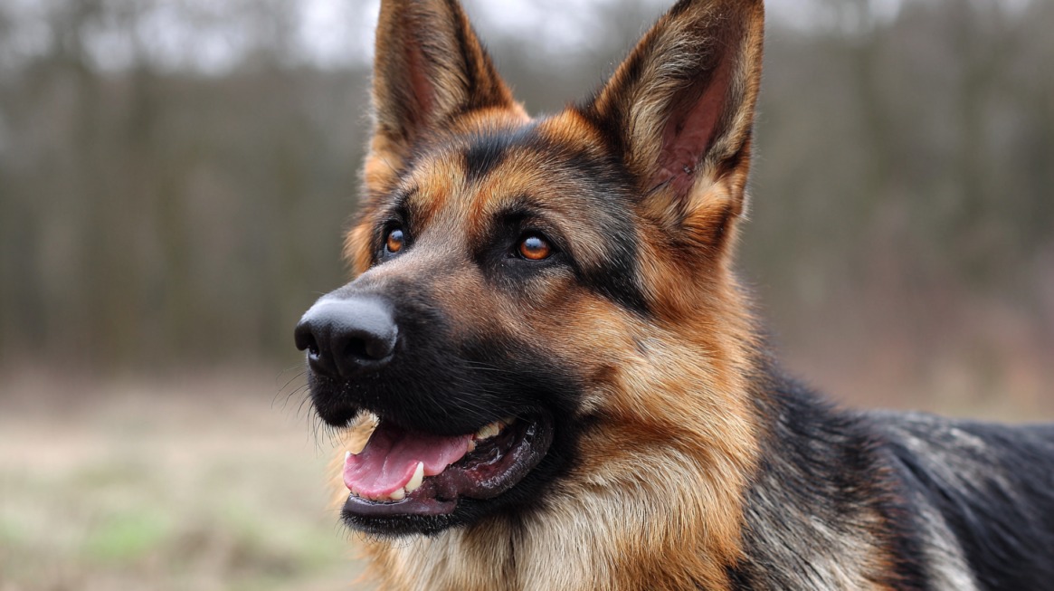 Nemački ovčar otvorenih usta i vedrog izraza lica stoji napolju, sa šumom u pozadini