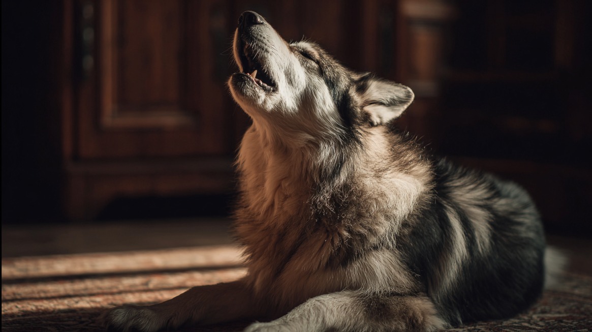 Pas sa gustom sivom i belom dlakom leži na podu u toplom osvetljenju i zavija podignute glave
