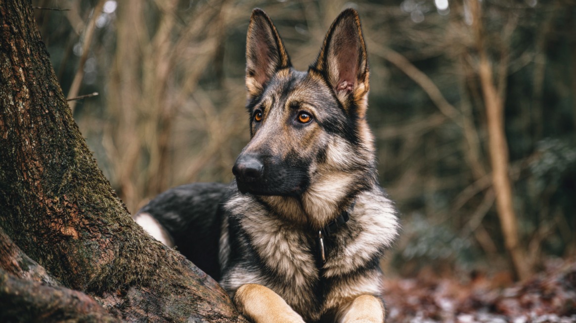 Nemački ovčar leži kraj stabla u šumi i pažljivo posmatra okolinu