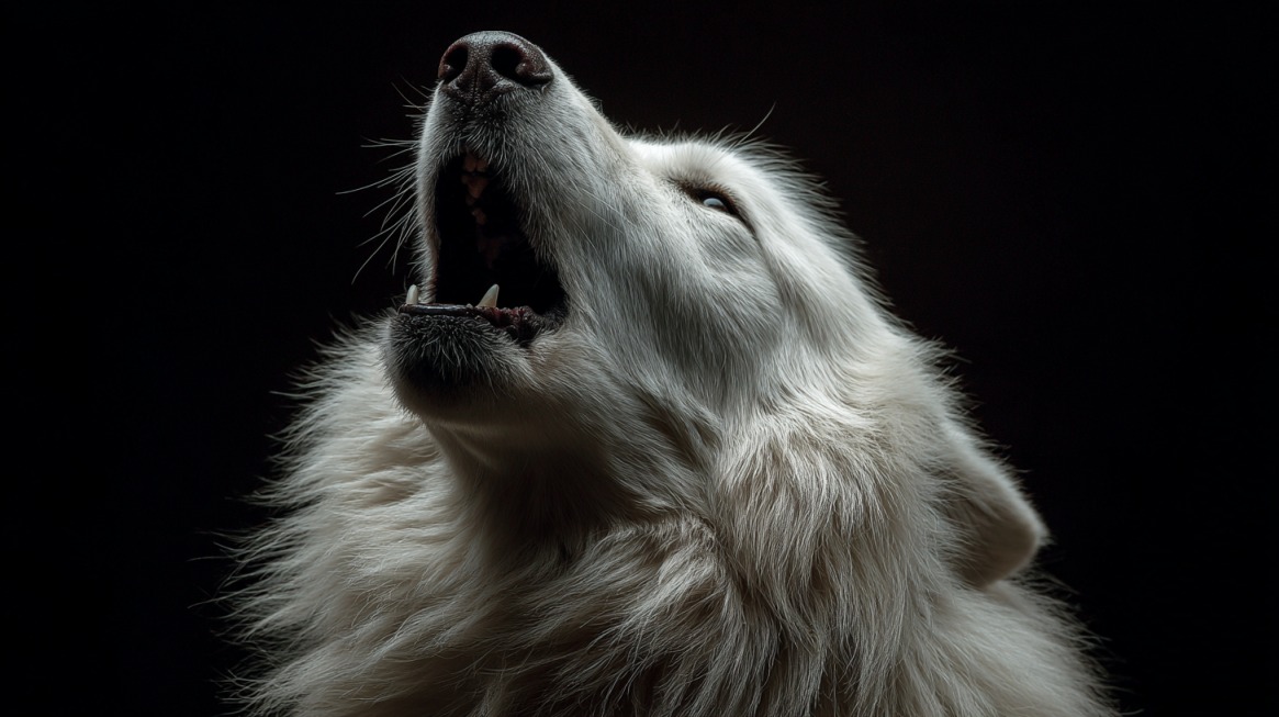 Pas bele, duge dlake u polumraku podiže glavu i zavija, sa blago otvorenim ustima i vidljivim zubima