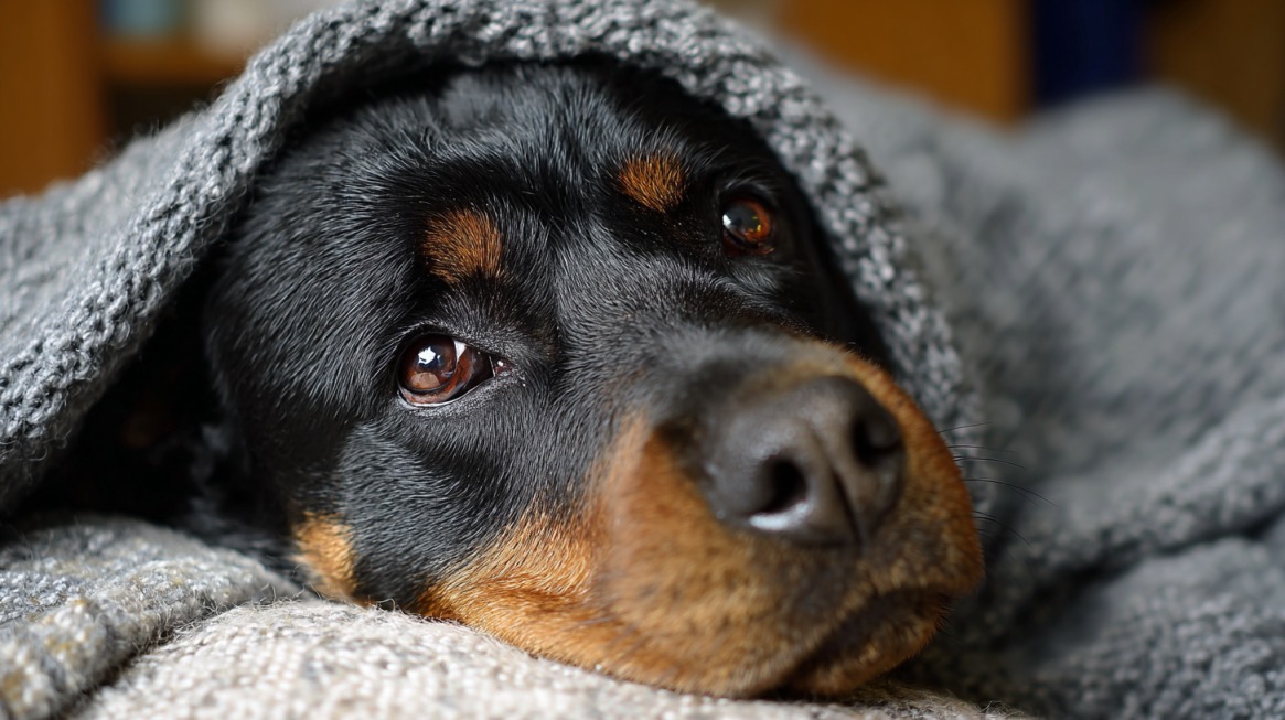 Rotvajler leži pod sivim ćebetom, izgleda umorno ali spokojno