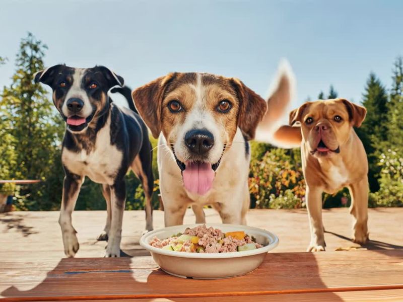 tri psa stoje i veselo se smeše